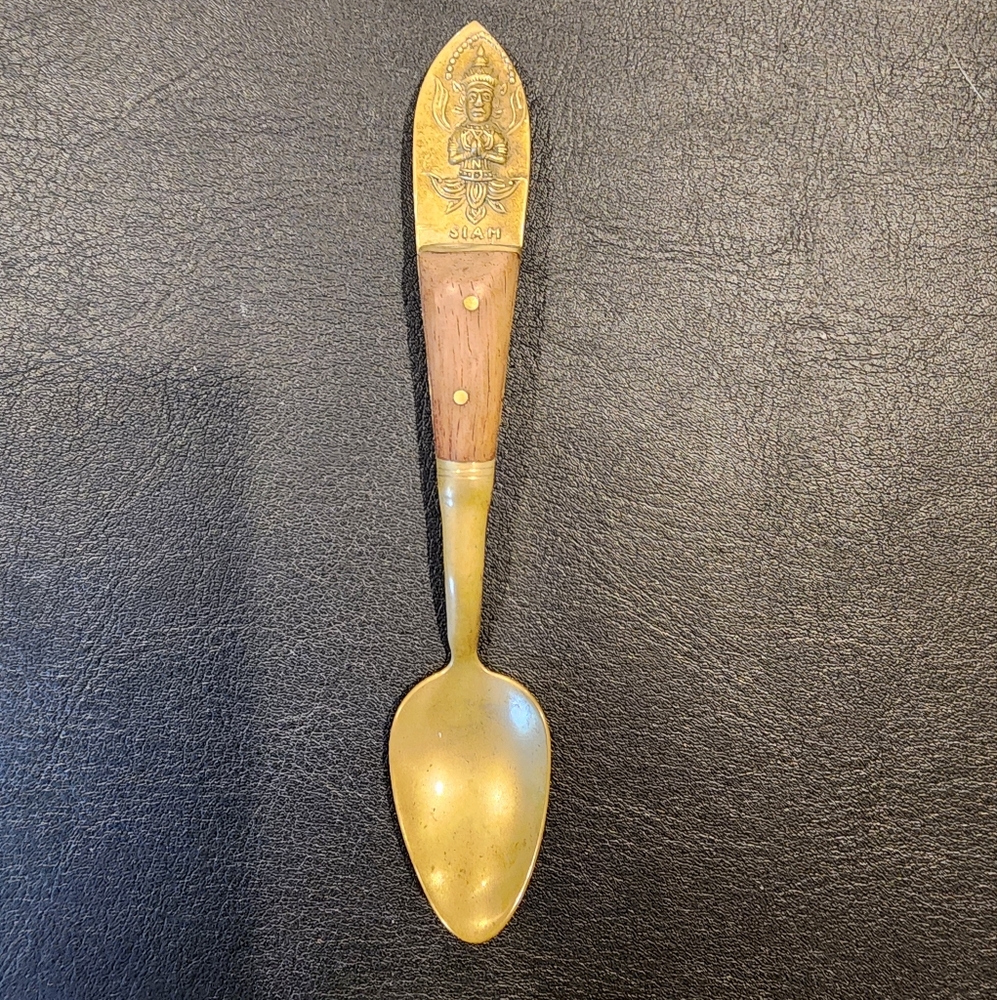 Vintage Thai Siam Bronze And Teak Wood Collectible Decorative Spoon